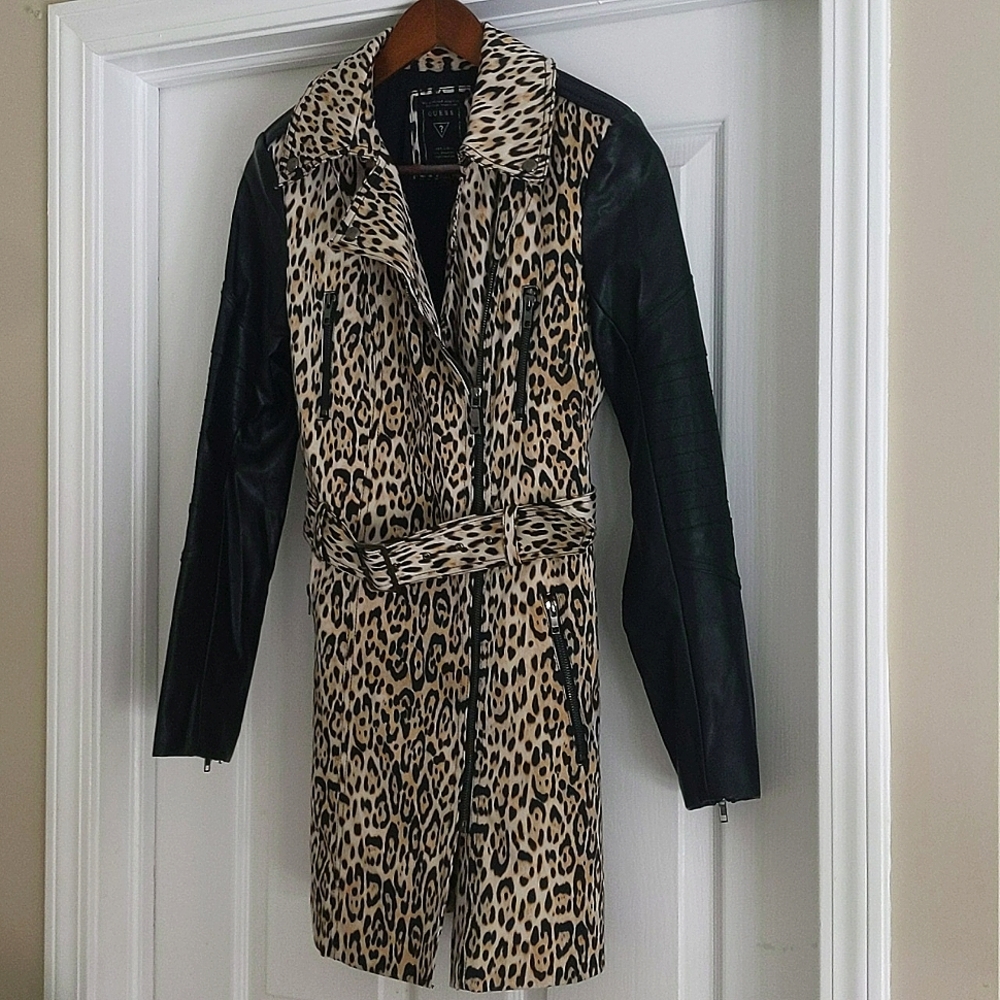 Guess Leopard Print Jacket with Vegan Leather Sleeves